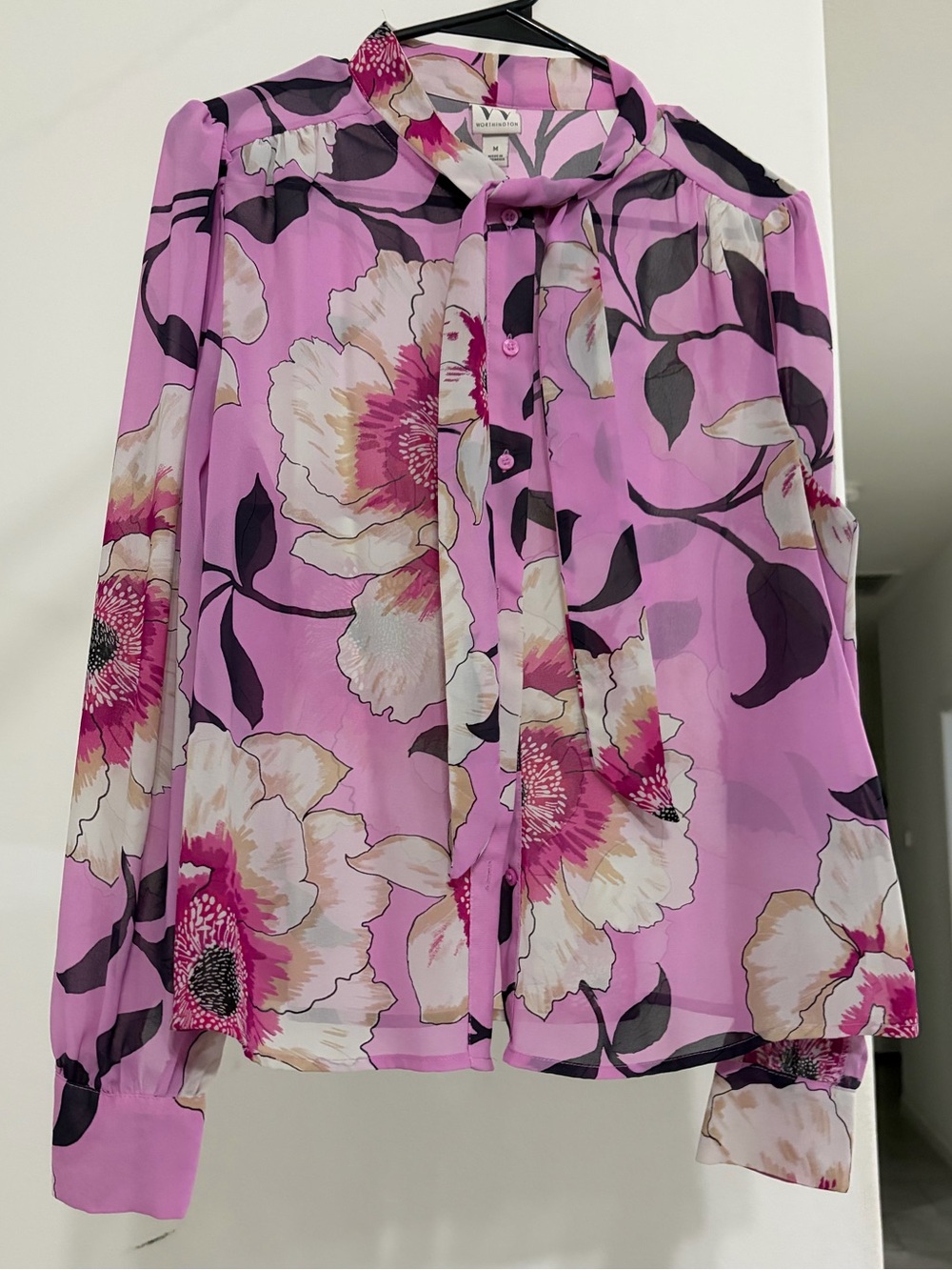 Worthington Pink Floral Tie-Neck Blouse